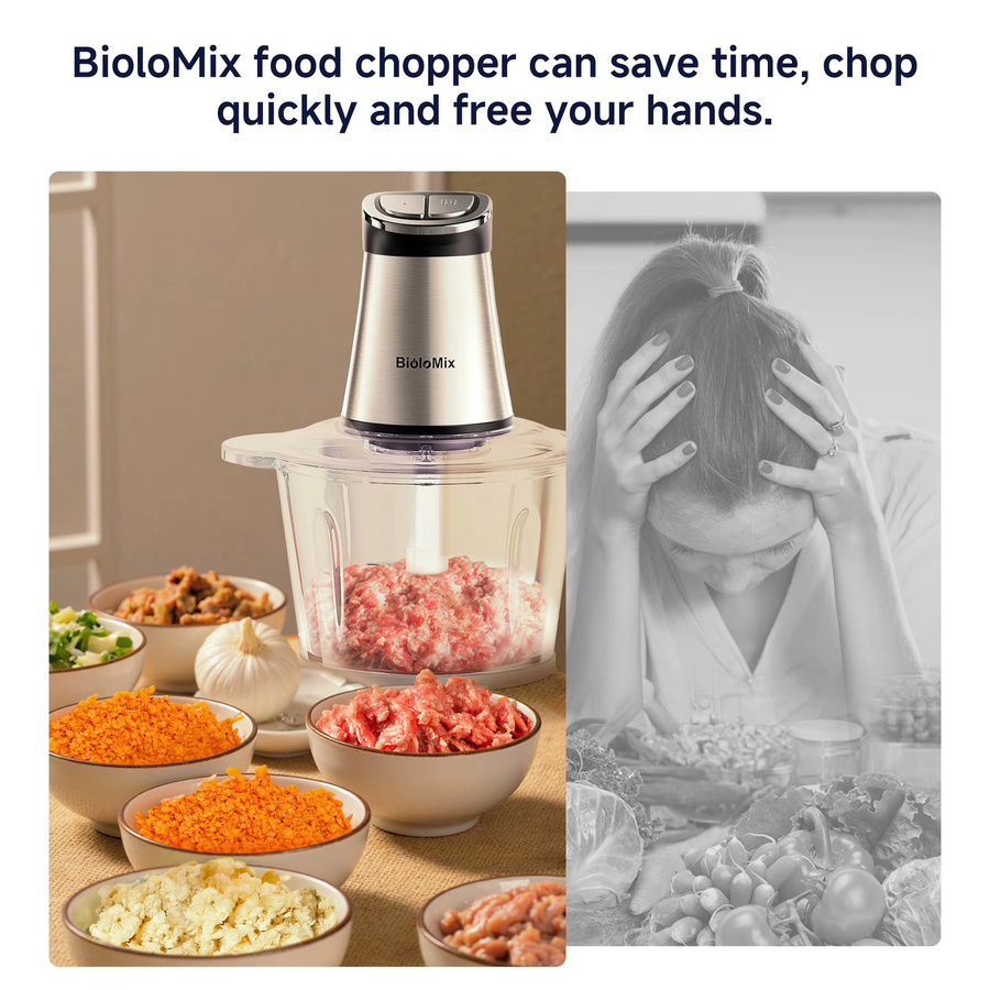 BioloMix Elektrischer Zerkleinerer mit 300W, Mini-Format in Weiß und Silber mit 2 Schüsseln und 4 Klingen für Babynahrung, Hackfleisch, Zwiebeln und Kräuter - Bild 4