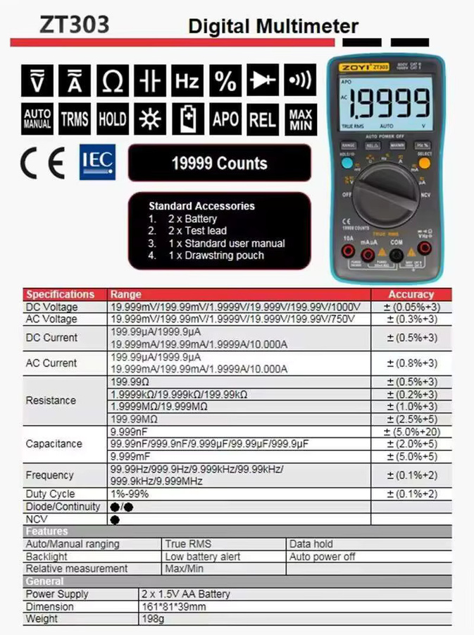 ZOYI Digitalmultimeter ZT 301/302/303 True RMS Auto Range Amperemeter Voltmeter mit Smart-Funktion, Kondensator-, Temperatur-, NCV- und Ohm-Tester - Bild 3