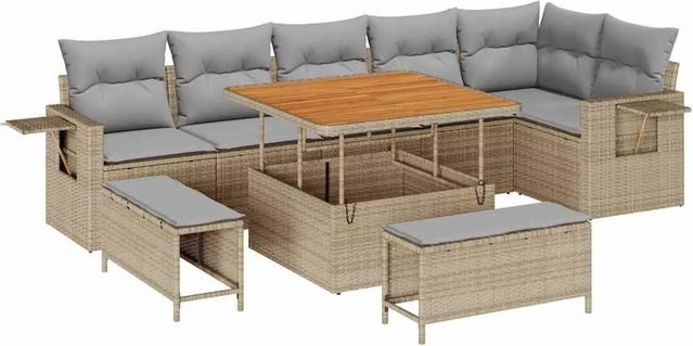 vidaXL Garten-Sofa-Set aus Poly-Rattan in Beige mit 9 Teilen, L-Form mit Polstern, Ottomane und Couchtisch sowie integriertem Kissen-Stauraum - Bild 1