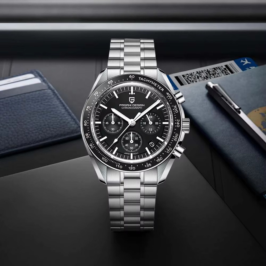 PAGANI DESIGN Chronograph Armbanduhr, Quarz, Edelstahl, Schwarz, Herren - Bild 2