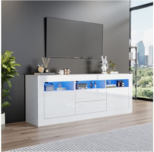 Modernes TV-Möbel MUVOE in Weiß mit Hochglanz-Finish und LED-Beleuchtung, B/T/H: 160 x 35 x 60 cm - Bild 1