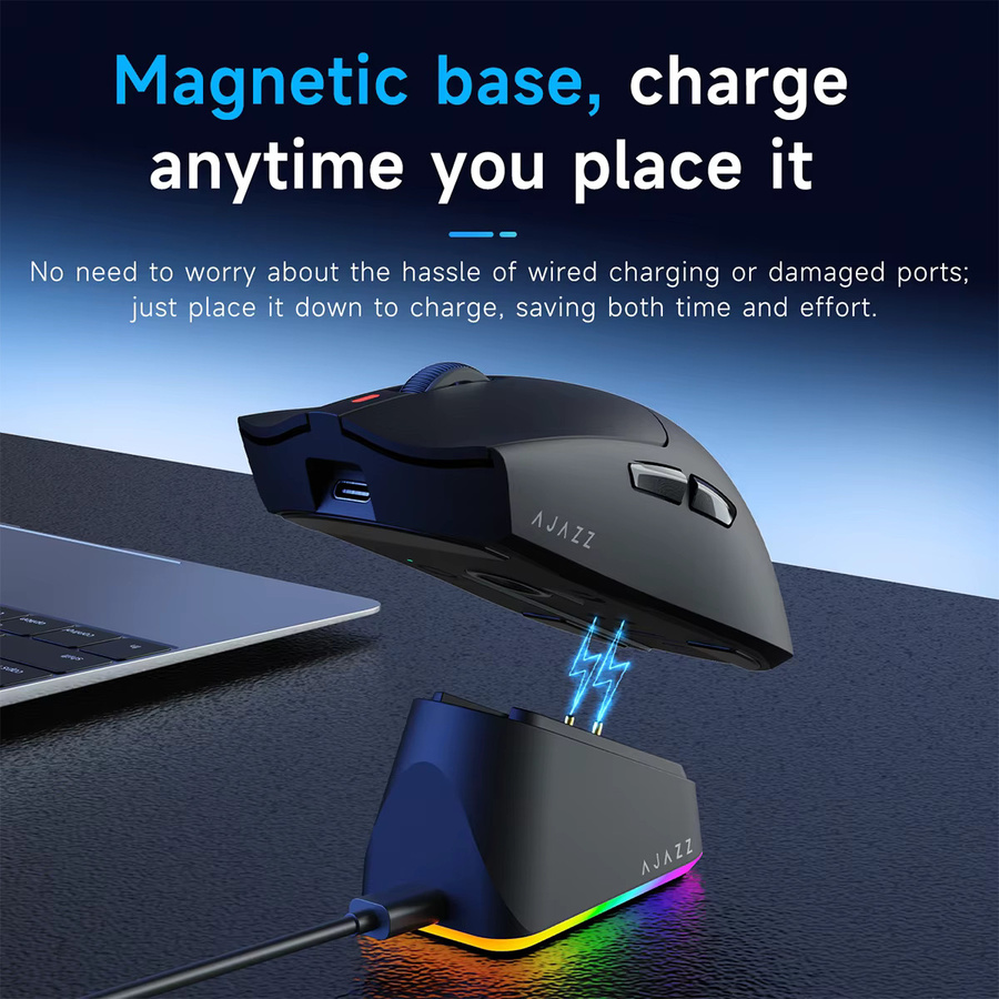 AJAZZ AJ139 V3 MC Kabellose Gaming-Maus mit magnetischer RGB-Ladestation, 24000 DPI, PAW3311, Bluetooth, Schwarz - Bild 2