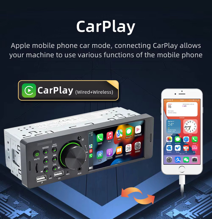BQCC 1 DIN Wireless CarPlay Autoradio mit 4,1 Zoll HD-Touchscreen, Bluetooth, FM-Stereo und MP5-Multimedia-Player in Schwarz - Bild 2