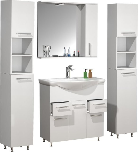 VCM Badmöbel Set Lisalo XL in Weiß, 5-tlg. Waschplatz-Komplettset mit Keramik-Waschbecken, Unterschrank 75 cm, Spiegelschrank und 2 Hochschränken - Bild 1