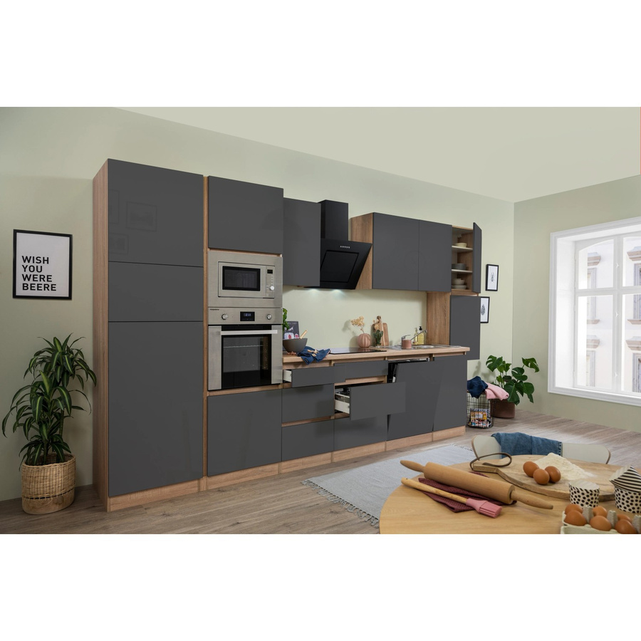Respekta Premium Küchenzeile grifflos in Grau Hochglanz-Eiche Sägerau mit Soft-Close-Türen und integrierten Schubladen, B: 395 cm, H: 220,5 cm, T: 55,5 cm - Bild 2