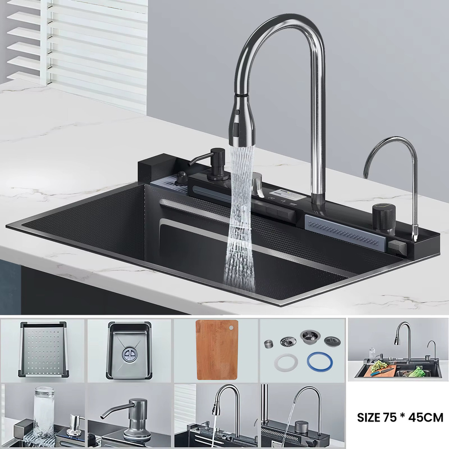 DWiusty Edelstahl-Küchenspüle in Silber mit Armatur, Digitalanzeige, großem Einzelbecken und Wasserfall-Regenfunktion sowie 5-Funktionen-System - Bild 2