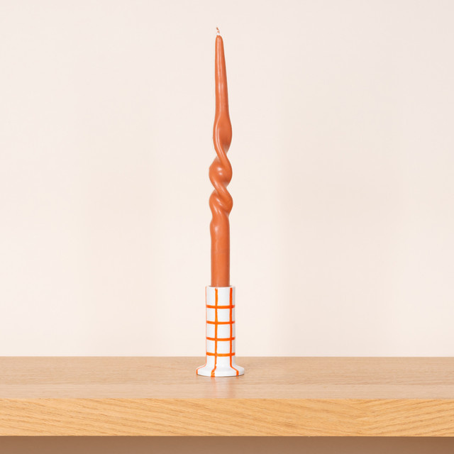 Keramik Kerzenhalter von BLUME2000 in Weiß und Orange mit Gittermuster im Retro-Design - Bild 1