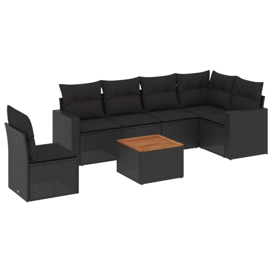 vidaXL 7-tlg Garten-Sofagarnitur aus Poly-Rattan und Akazienholz in Schwarz mit Kissen - Bild 2