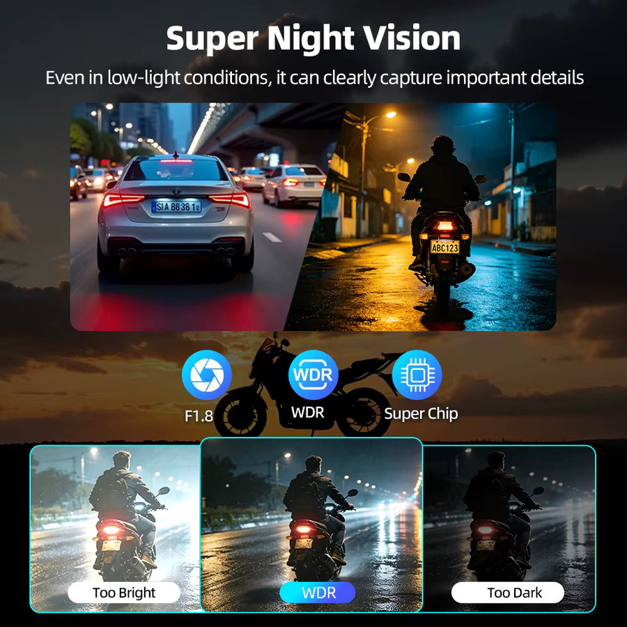 Grandnavi Wasserdichte Motorrad Dual 2K DVR Dashcam mit WiFi und Apple Find My Unterstützung, Schwarz - Bild 4