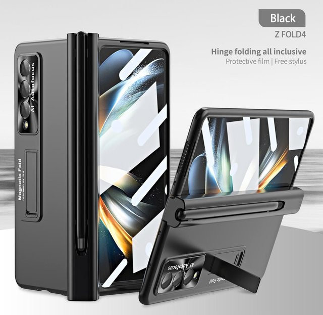 WAZXIQN Magnethülle mit Kickstand und Touch Pen für Samsung Galaxy Z Fold 6 5 4 3 inklusive Vollbildschutz Glasfolie, Schwarz - Bild 1
