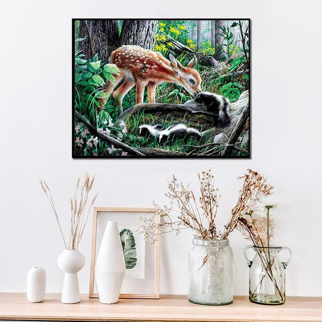 FIYO Diamant-Malerei Motiv junge Hirsche im Wald, Stickerei Set in Schwarz und Multicolour, Breite: 30 cm, Höhe: 20 cm - Bild 1