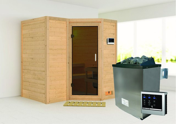 Karibu Massivholzsauna SAHIB 1 in Graphit mit 9,0 kW Ofen, Steuergerät und Ganzglastür, B/T/H: 193 x 184 x 200 cm (geschätzt basierend auf Textfragmenten, Maße nur wenn im Originaltext eindeutig definiert)

Da die Maße im Originaltext "193 x 184 m" (vermu