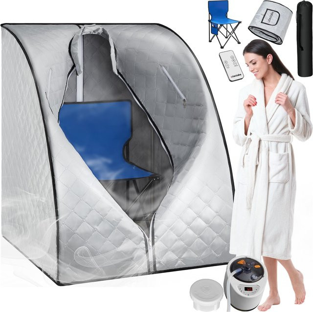 tectake Mobile Dampfsauna Thermaluxe II in Grau Blau mit 2 Liter Dampfgenerator, 1000 W, 15 Temperaturstufen und Timerfunktion, B/T/H: 90 x 78 x 100 cm - Bild 1
