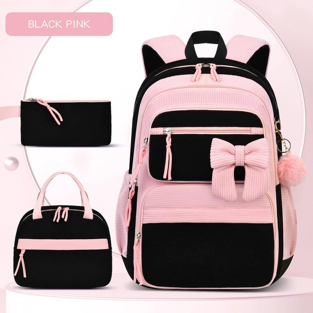 OKKID 3er Set Schulrucksack für Mädchen mit Kirschmuster in Pink, Cord-Schultasche inklusive Federmäppchen und Brottasche - Bild 1