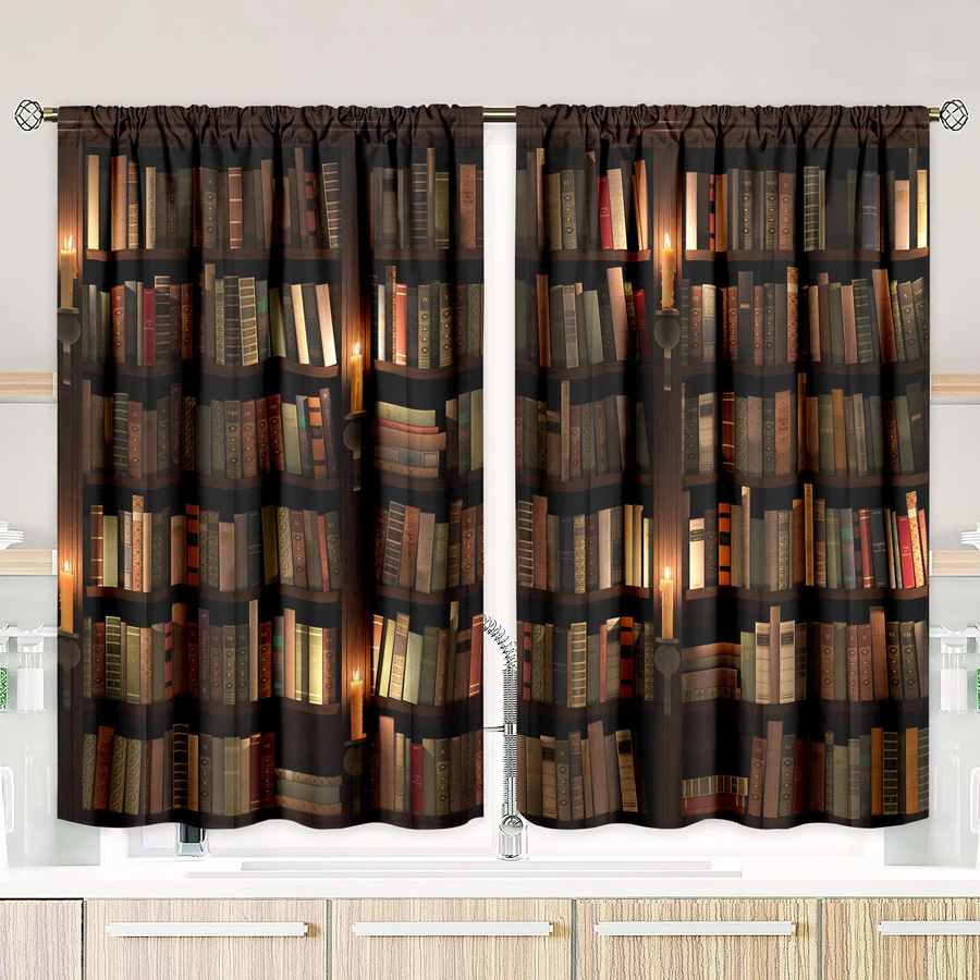 2er-Set Sichtschutzvorhang mit Bücher-Print aus Polyester, modern und halbtransparent, Mehrfarbig, Breite: 76,2 cm, Höhe: 165,1 cm - Bild 2