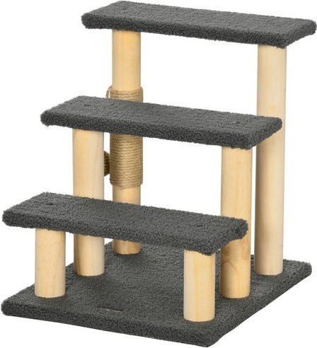 PawHut Katzentreppe 3-stufig aus Kiefernholz in Grau mit integriertem Spielzeug und Teddystoff, H x B x T: 48 x 45 x 40 cm - Bild 2