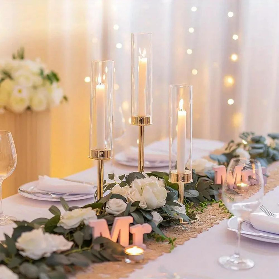 3-teiliges Kerzenhalter-Set von Yiran Furniture aus Metall und Glas in Gold für Stabkerzen zur Tischdekoration bei Hochzeiten und Partys - Bild 2