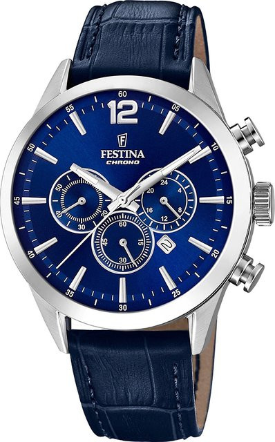 Festina Chronograph, Quarz, Edelstahl, Blau, Leder, 44 mm, Herren - Bild 1