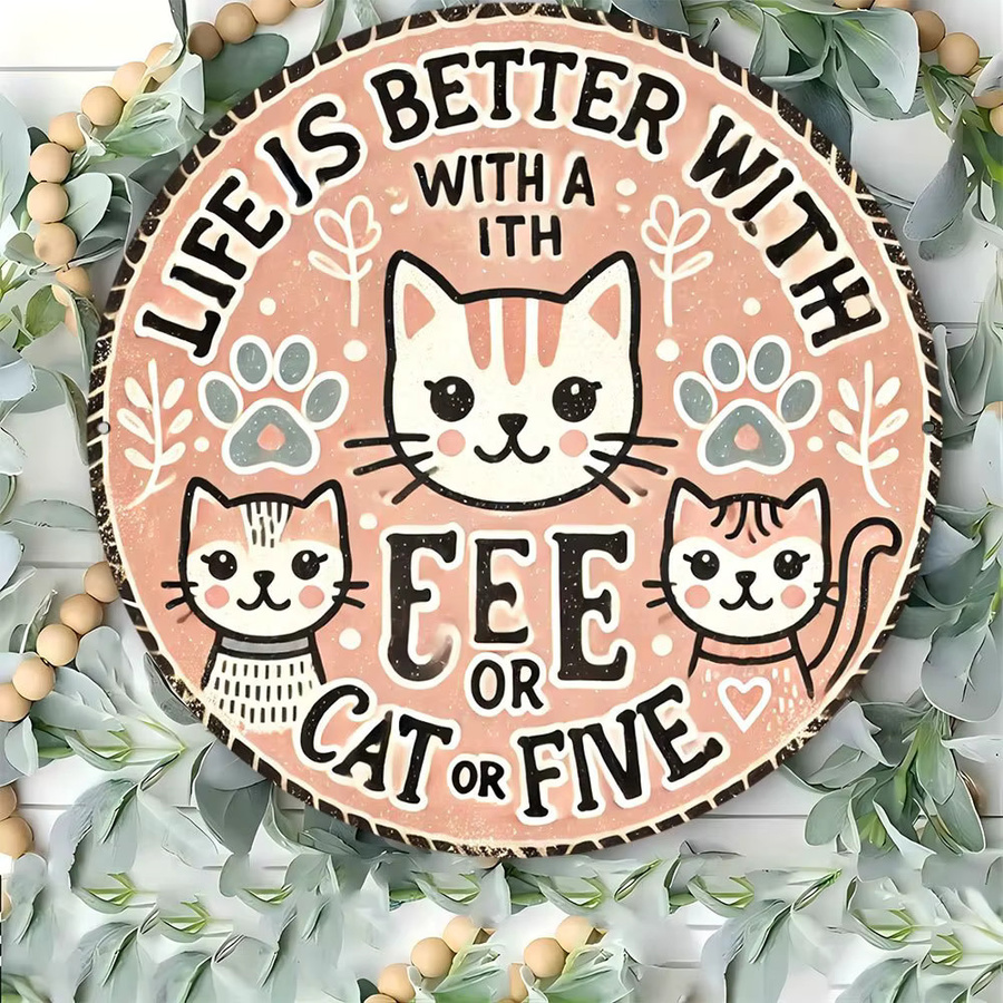 Potdemiel Rundes Vintage-Aluminiumschild Das Leben ist besser mit einer Katze als Wanddekoration für Zuhause, Badezimmer oder Bar, Durchmesser: 20 cm - Bild 3