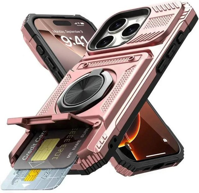 KESUFEIDA Heavy Duty Schutzhülle für iPhone 17 16 15 14 13 Pro Max Plus mit magnetischem drehbarem Ring-Ständer und Wallet-Funktion in Rosa - Bild 1
