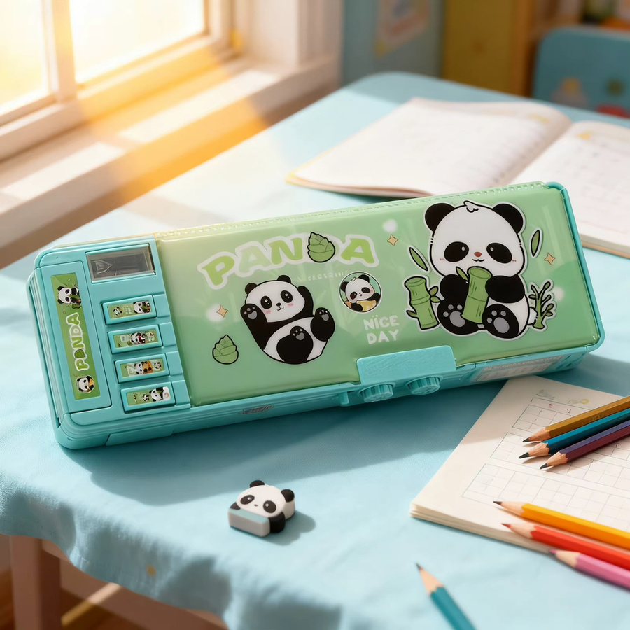 Panda Federmäppchen mit Passwortsperre für Kinder in Türkis mit Zahlenschloss und doppellagigem Design aus Kunststoff - Bild 2