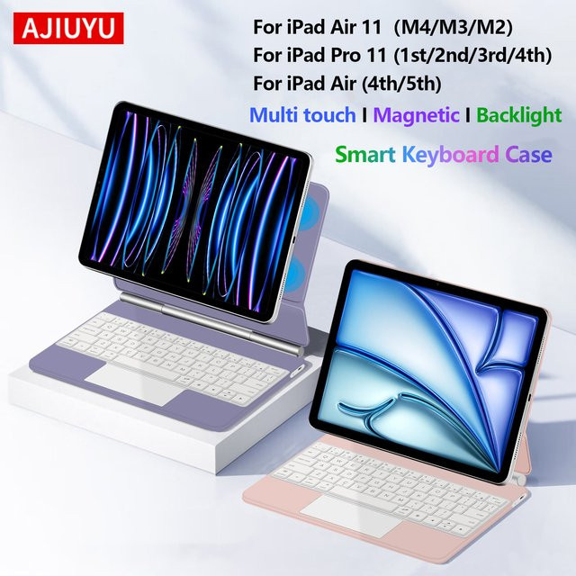 AJIUYU Magnetische Magic Keyboard Hülle für iPad Air 11 M4 M3 M2 und iPad Pro 11 mit Touchpad und Hintergrundbeleuchtung in Weiß - Bild 1
