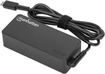 Manhattan USB-C Power Delivery Laptop-Netzteil 65 W mit integriertem USB-C PD-Kabel und abnehmbarem EU-Stromkabel, Schwarz - Bild 1