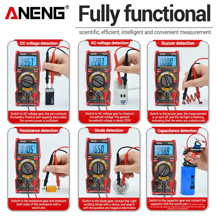 ANENG SZ309 Digitales Multimeter in Rot mit NCV Tester für Strom Widerstand Kapazität und Frequenz (600V AC/DC, 10A) - Bild 5