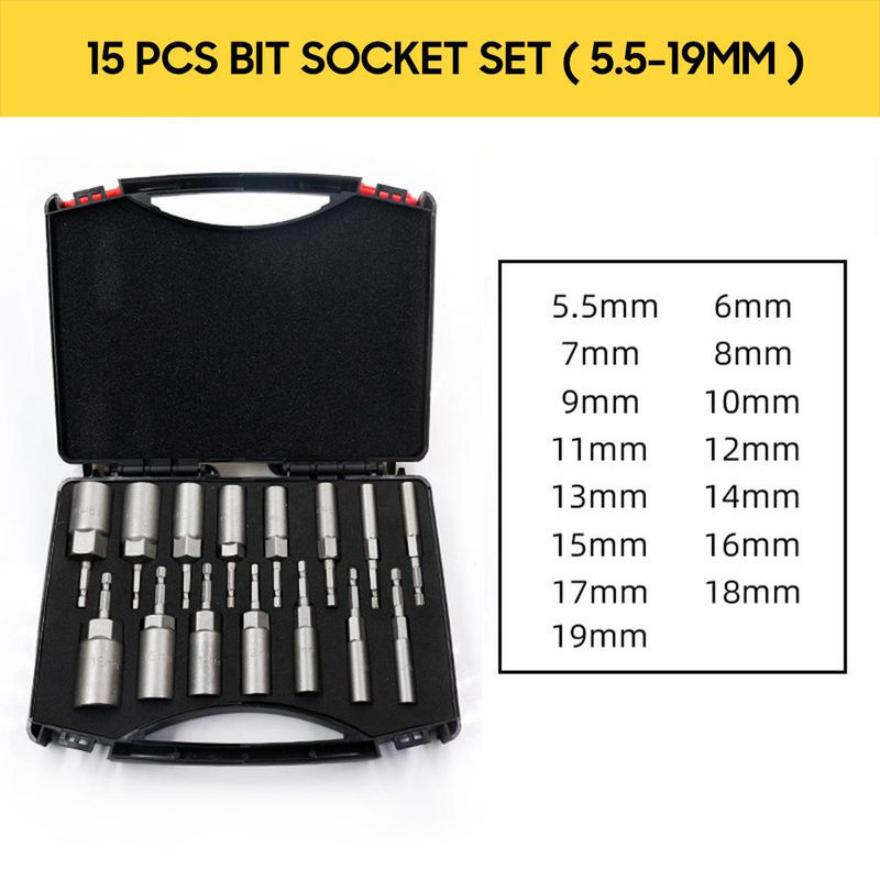 Kkmoon 15-teiliges Power Mutter Fahrer Bohrer Set aus Chrom Vanadium Stahl in Silber, Hex Bit Buchse Set 5,5-19mm - Bild 4