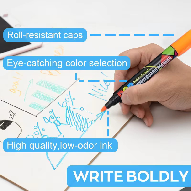 Whiteboard-Marker-Set mit 12 Farben, abwischbare und nachfüllbare Marker mit Bullet-Spitze für Büro und Bildung - Bild 3