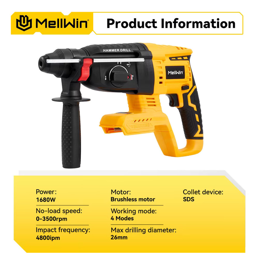 MELLWIN Bürstenloser Akku-Bohrhammer mit 4 Modi, 26 mm, Gelb, kompatibel mit Makita 18V LXT Akkus - Bild 2