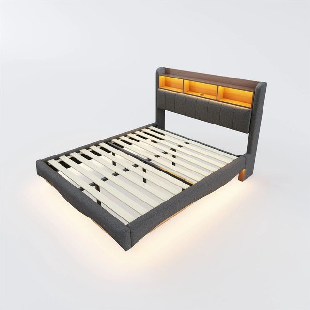 Merax Polsterbett mit LED-Unterbettbeleuchtung, USB-C Ladestation und Stauraum in Grau - Bild 1