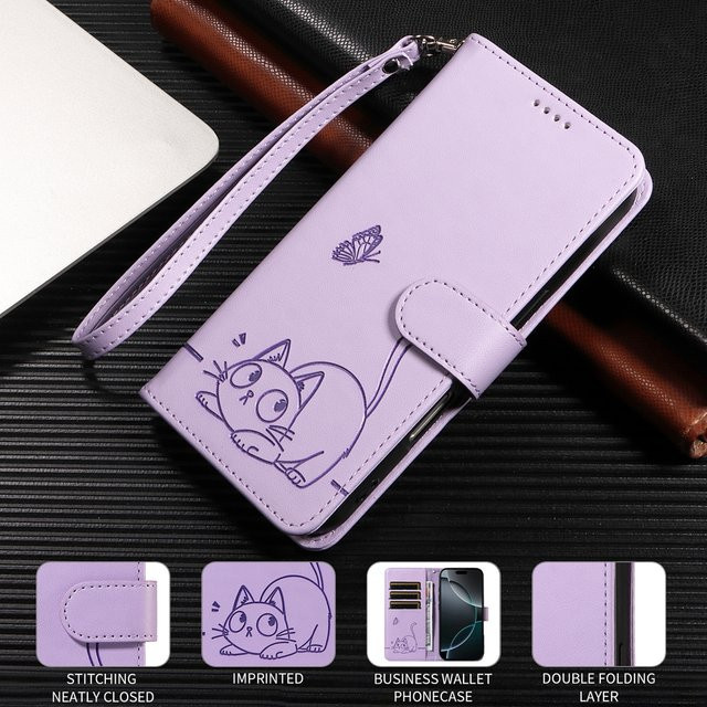 Magnetische Leder-Brieftasche mit Katzen-Schmetterling und geprägtem Design für OPPO A54 A54S A55 A72 A73 A74 A78 A93 A94 A95 A96 4G 5G in Rot und Lila - Bild 1