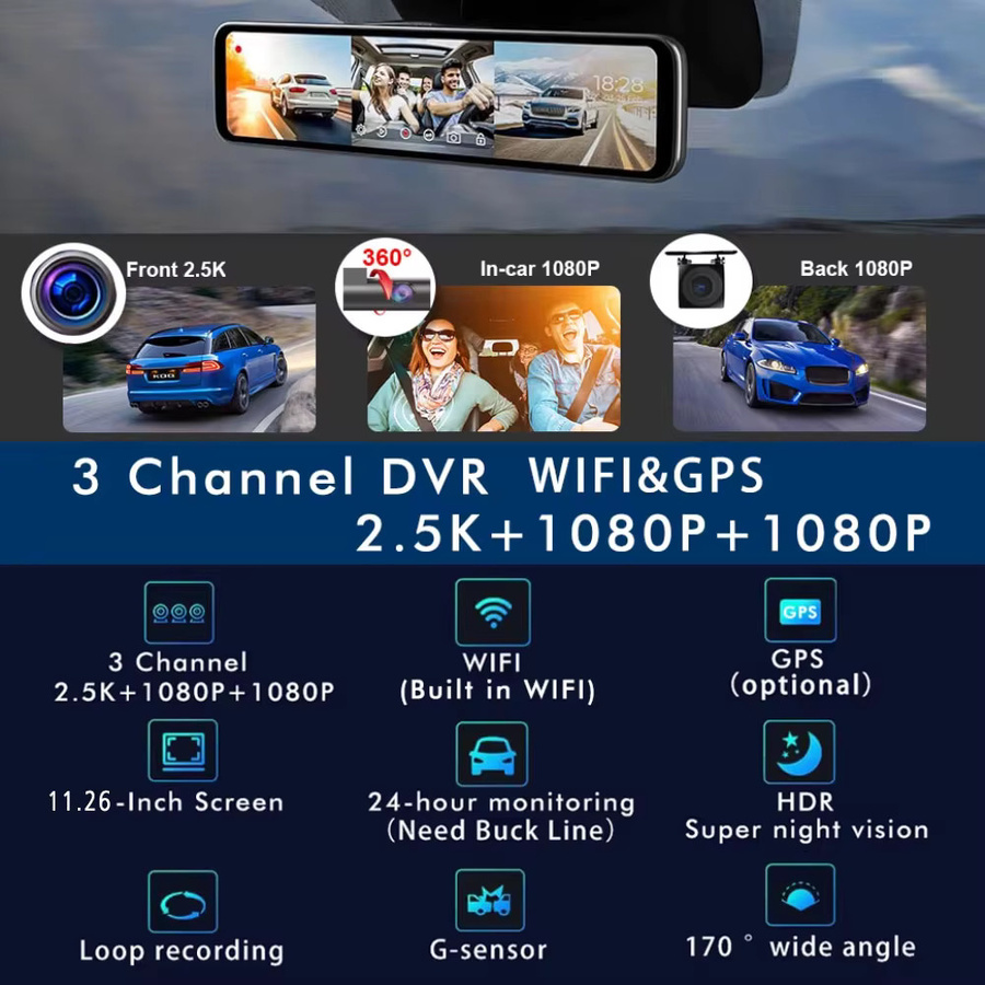 USEEBEE 3-Kanal Dashcam mit GPS und WIFI, 11,26 Zoll Auto Dashcam Spiegel mit 2,5K und Dual 1080P Auflösung, Rückfahrkamera Stick Recorder in Schwarz - Bild 3