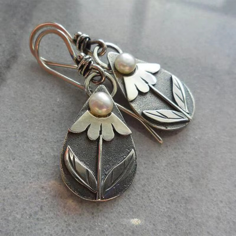 Huitan Ohrringe, Blumen-Design, Perle, Silber, Damen, Vintage - Bild 2