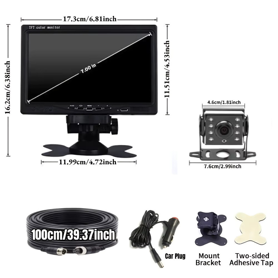 Bileeko 7-Zoll-Automonitor mit 8-LED-LKW-Kamera in Schwarz, universelles Plug-and-Play mit Weitwinkel und 10m Videokabel - Bild 3