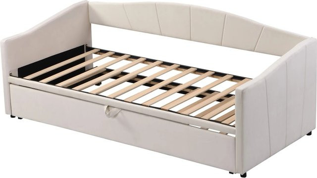 okwish Polsterbett als ausziehbares Schlafsofa mit Lattenrost in Beige aus Samt, B/T/H: 90 x 200 x 72 cm - Bild 1