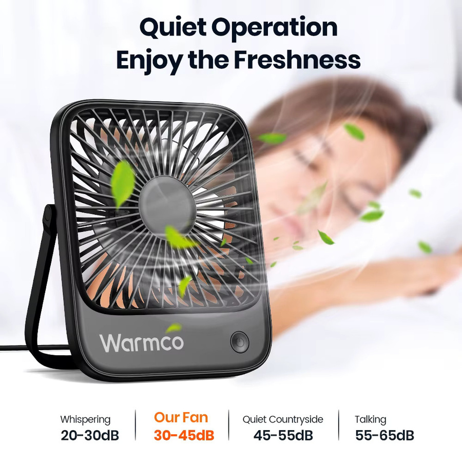 Warmco Mini-USB-Tischventilator in Schwarz mit 3 Geschwindigkeiten und 180 Grad Rotation, tragbarer USB-C-Desktop-Lüfter - Bild 5