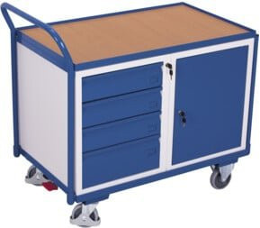 VARIOfit Werkstattwagen aus Stahl in Blau mit 1 Ladefläche, 1 Schrank und 4 Schubladen, rollbar und abschließbar - Bild 1