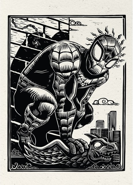 Komar Wandbild Marvel Spider-Man Lino-Cut in Schwarz-Weiß, Breite: 50 cm, Höhe: 70 cm - Bild 1