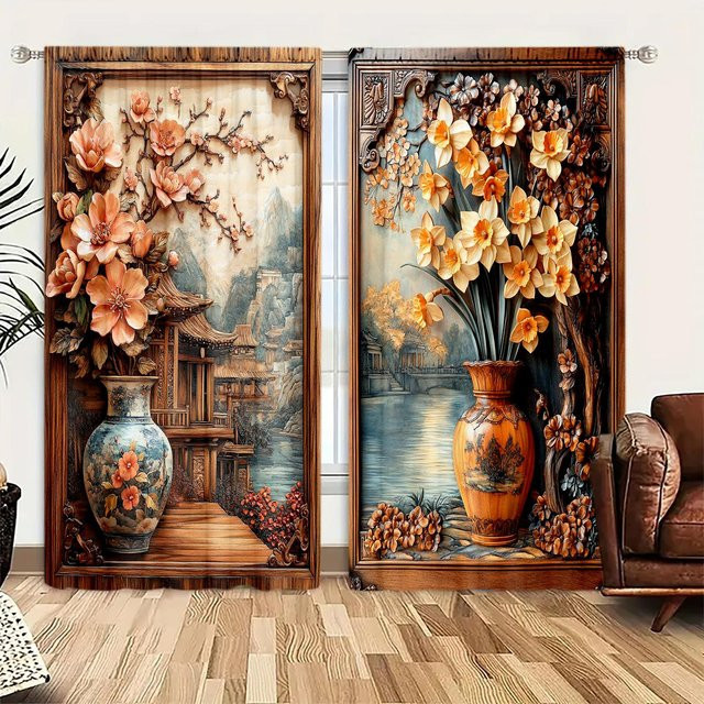 2er-Set Vorhang mit 3D Vintage Holzgeschnitzte Vase Motiv, halbtransparent, Mehrfarbig, Breite: 132 cm, Höhe: 213 cm - Bild 1