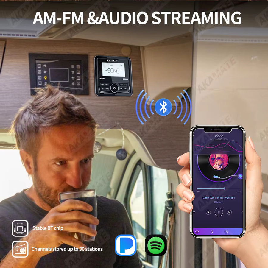 AKAMATE Bluetooth Autoradio mit 200W Stereo MP3 Media Player, USB, AUX und EQ für Wohnmobil, UTV, ATV und Marine in Schwarz - Bild 2