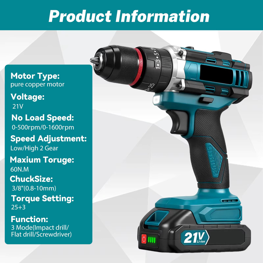 Makita 3-in-1 Elektrischer Schlagbohrer mit 25+3 Drehmoment, Kabelloser Handbohrer für Holzbearbeitung, Kompatibel mit Makita LXT 18V Akku - Bild 2