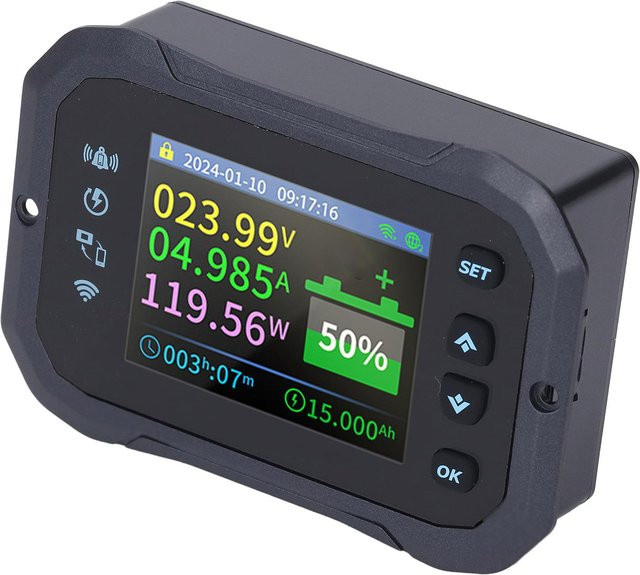 Fishine Batteriemesser mit 2,4 Zoll Display und 2-Wege-WLAN-Fernbedienung für Elektroautos, Roller und Wohnmobile, 10-100V, grau - Bild 1