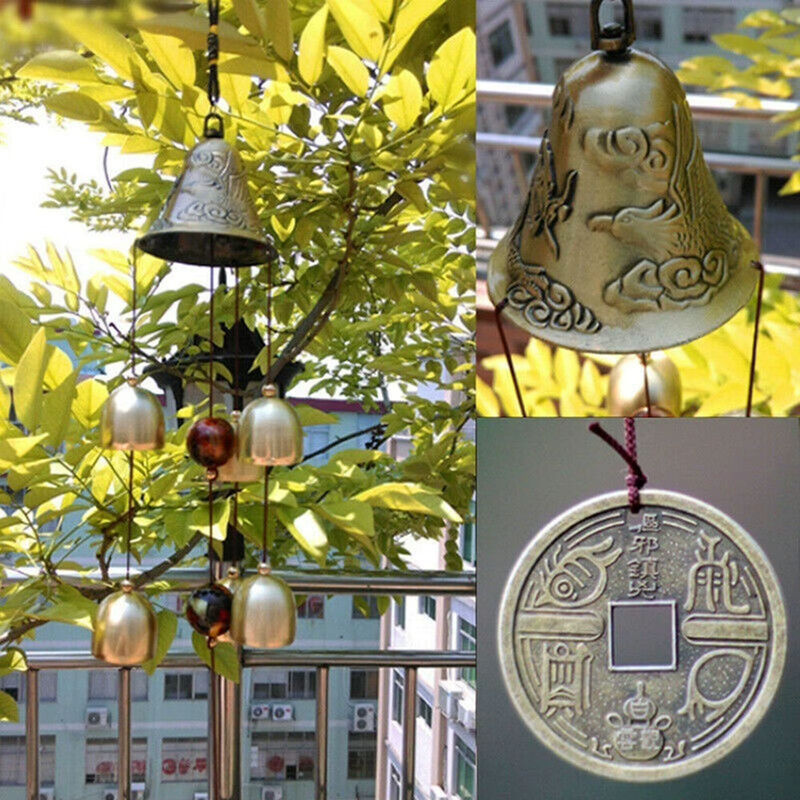6 Kupferglocken aus Metall als hängende Windspiele in Gold und Alufarben für Garten und Hof im Bohemian-Stil - Bild 4
