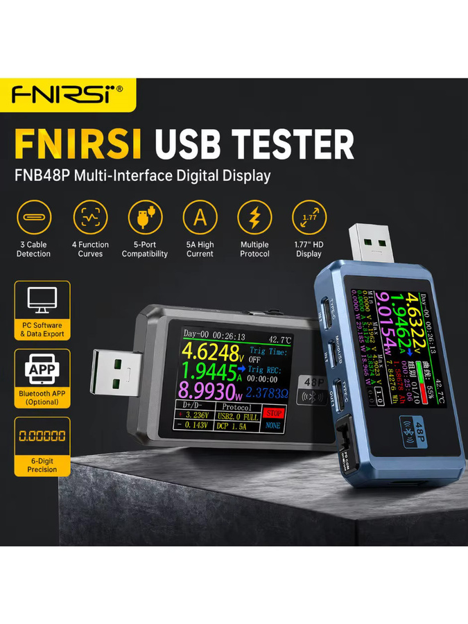 FNIRSI FNB48P USB-Tester Voltmeter Amperemeter mit Typ-C PD3.0 QC4.0 Schnellladungserkennung zur Messung von Kapazität und Rippelspannung - Bild 2