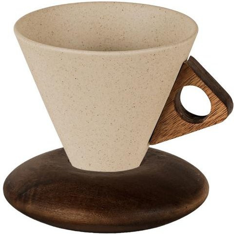 Yousheng Keramik-Kaffeebecher aus Steingut mit Holzgriff in Beige in Kegelform - Bild 1