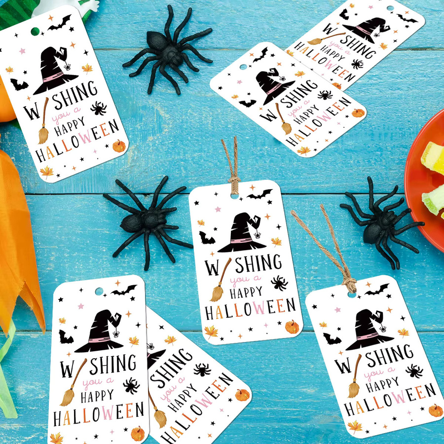 50 Stück Halloween-Geschenketiketten aus Papier mit Hanfseil im Design von Hexenhüten und Kürbissen zur DIY-Verpackungsdekoration - Bild 5