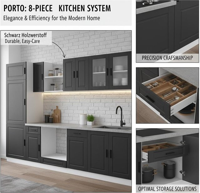 8-teiliges Porto Küchenmöbelset aus technischem Holz in Schwarz für dein Esszimmer - Bild 1