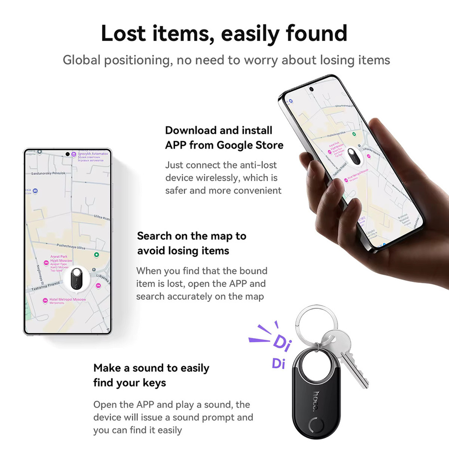 HOCO Smart Android Tracker Tag mit Google Find My Unterstützung, Bluetooth GPS Finder Locator für Schlüssel, Haustiere und Gepäck in Schwarz oder Lila - Bild 3
